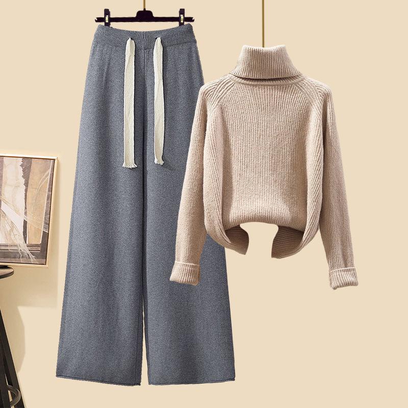 Women's Autumn 2024 Three-Piece Set: Mid-Length Cardigan Jacket, High-Neck Sweater, and Slim Wide-Leg Pants