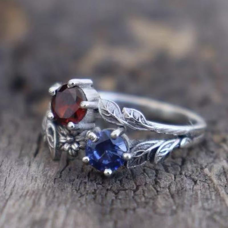 New Simple and Fashionable Red and Blue Zircon Ring, Small Flower Shape Leaf Women's Jewelry