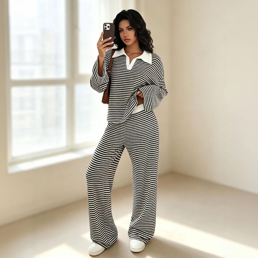 Women's Casual Striped Collar Long Sleeve Top and Straight Wide Leg Pants Set