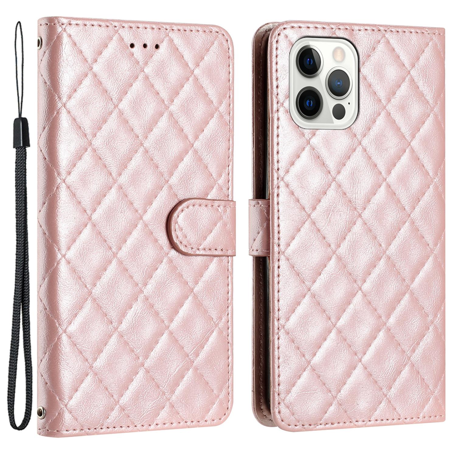 

For iPhone 16 Pro Case Rhombus PU Leather Flip Phone Cover Card Slots Rose Gold