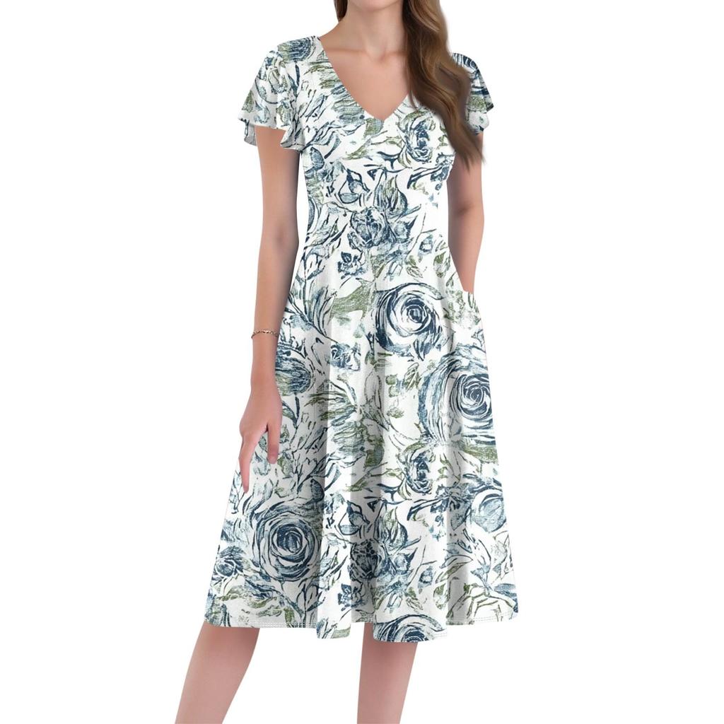 A Casual And Fashionable V-Neck Short-Sleeved Medium-Length Dress With Floral Prints For Women