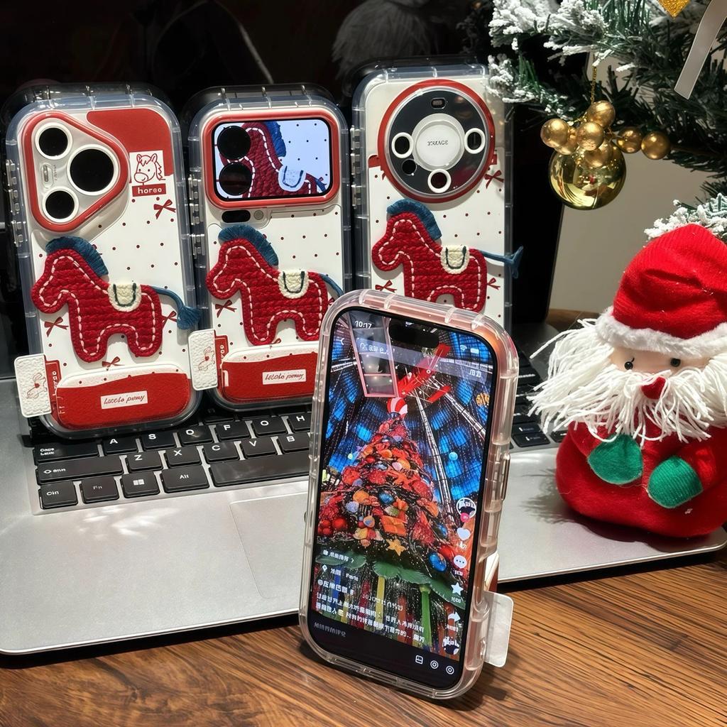 New Year's Embroidery Pony Bracket Is Suitable for Apple 17/16promax Mobile Phone Case IP15 Puff Feather Yarn 14/13 Set