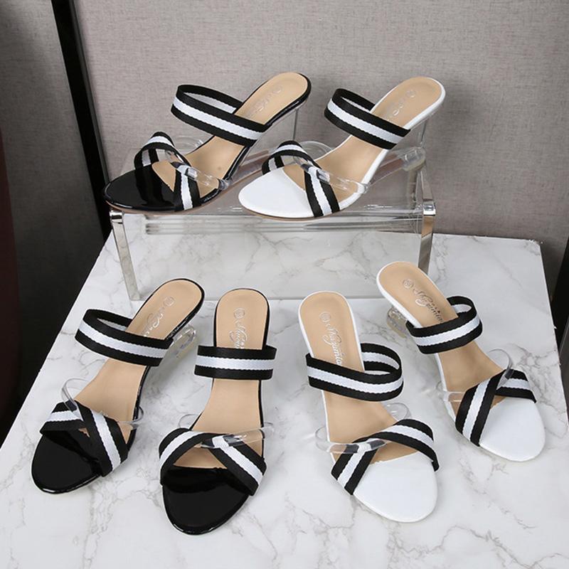 Women's Shoes Summer New Sexy Striped Cross High Heel Crystal Wedge Slippers Simple 1098 Series 8cm Heel LFD