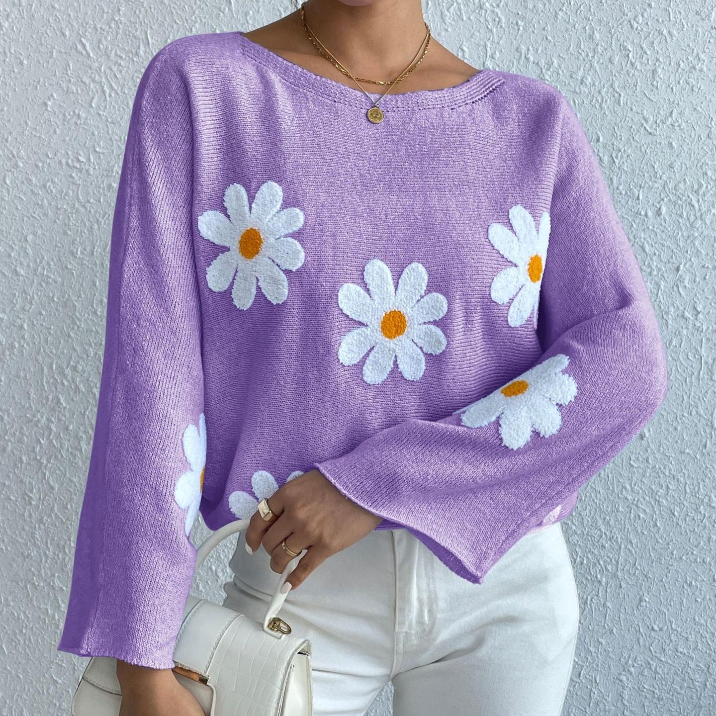 

GMXIA Милый цветочный свободный трикотажный топ с вышивкой в одну линию плеча свитер-пуловер XL