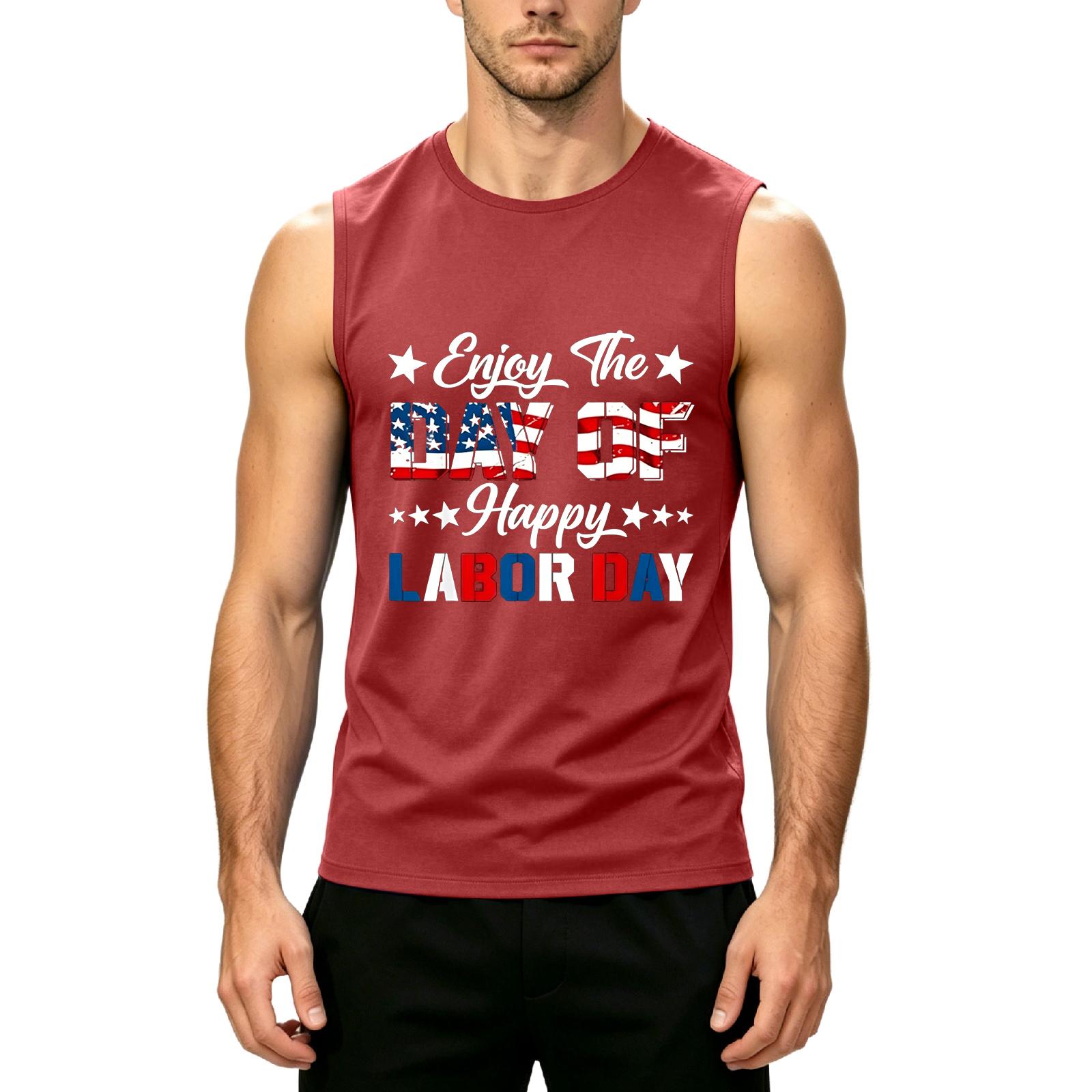 

Men s Sleeveless Crew Neck Tank Top Casual Fit Labor Day Letter Print Lightweight Shirt for Daily and Outdoor Activities XL червоний