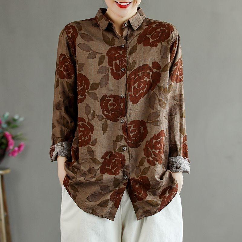 

Винтажный принт Графические блузки Свободные Прямые Нейтральные Повседневные Отложной воротник Пуговицы Осень Зима Тонкая Женская одежда 2022 4XL верблюд