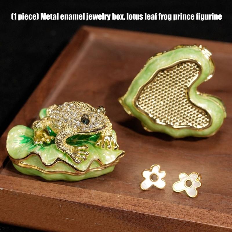 Animal Jewelry Holder with Lid, Metal Leaf Figure for Earring Storage, Dresser Display, Desk Accent, Small Item Case