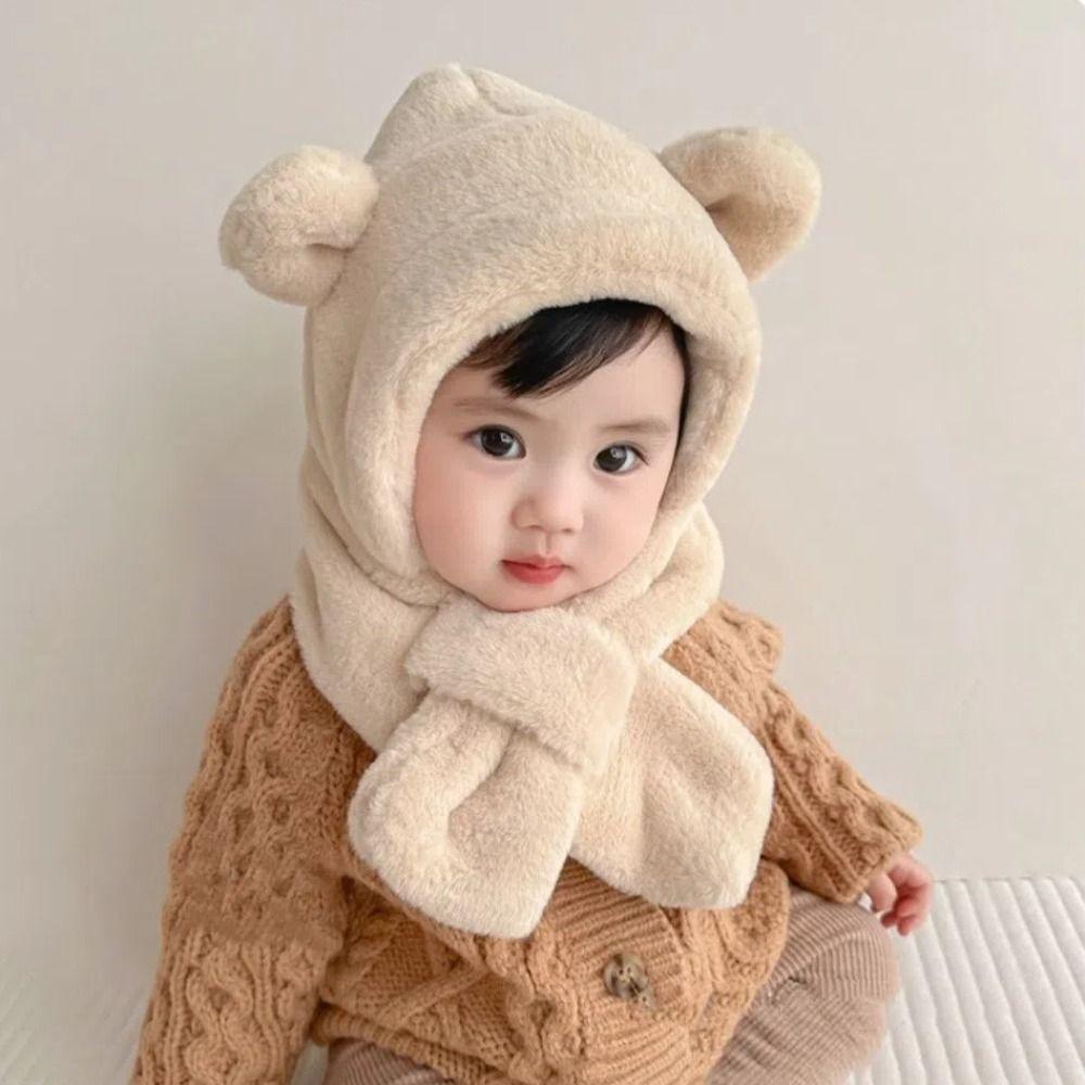 Soft Warm One-Piece Hat Scarf Winter Ear Protection Hats Lovely Baby Bear Plush Hat Kids