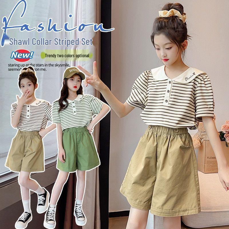 

2025 Girls Korean Style Summer Peter Pan Collar Striped Two-Piece Set 170 зелёный
