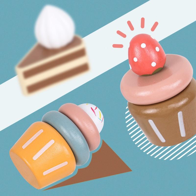 Baby Play House Double Ice Cream Dessert Tower Ice Cream Cabinet Wooden Tea Set Cutting Kitchen Simulation Toys