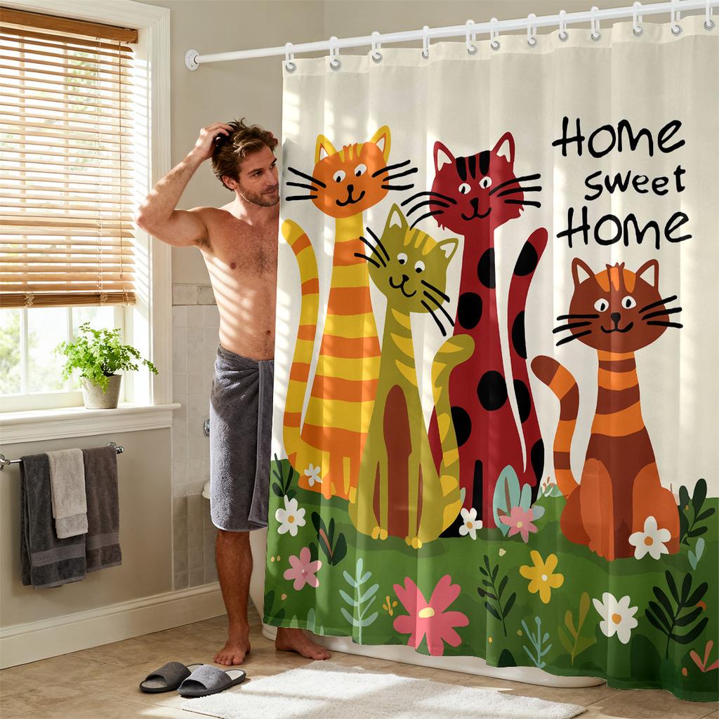 1pc Cute Cartoon Cat Printed Waterproof Shower Curtain Partition Privacy Hanging Curtain with 12 Hooks Multiple Sizes