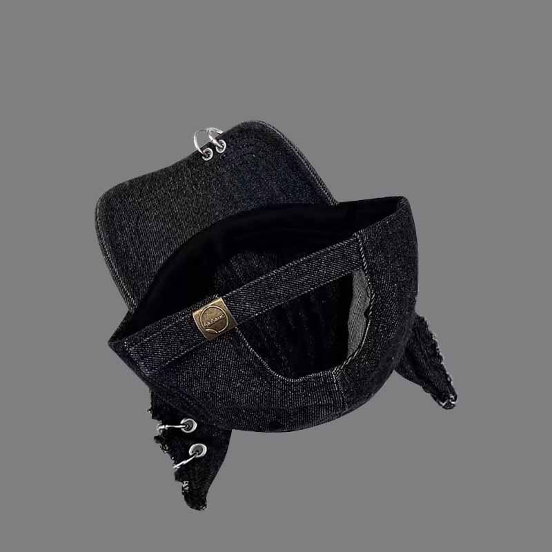 Distressed Denim Cat Ear Baseball Cap, Ripped Frayed Hat with Safety Pins & Metal O‑Rings, Punk Gothic Streetwear Hat for Halloween Cosplay Party