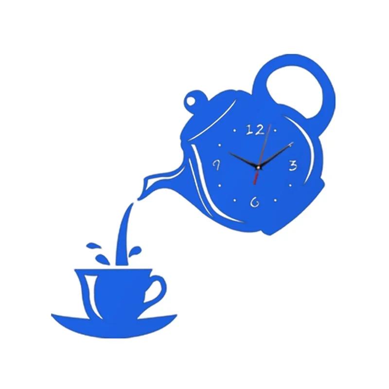 3D Coffee Cup Teapot Self Adhesive Acrylic Mirror Clock Wall Stickers for Home Living Room Decor Wall Clock Wall Sticker Clock