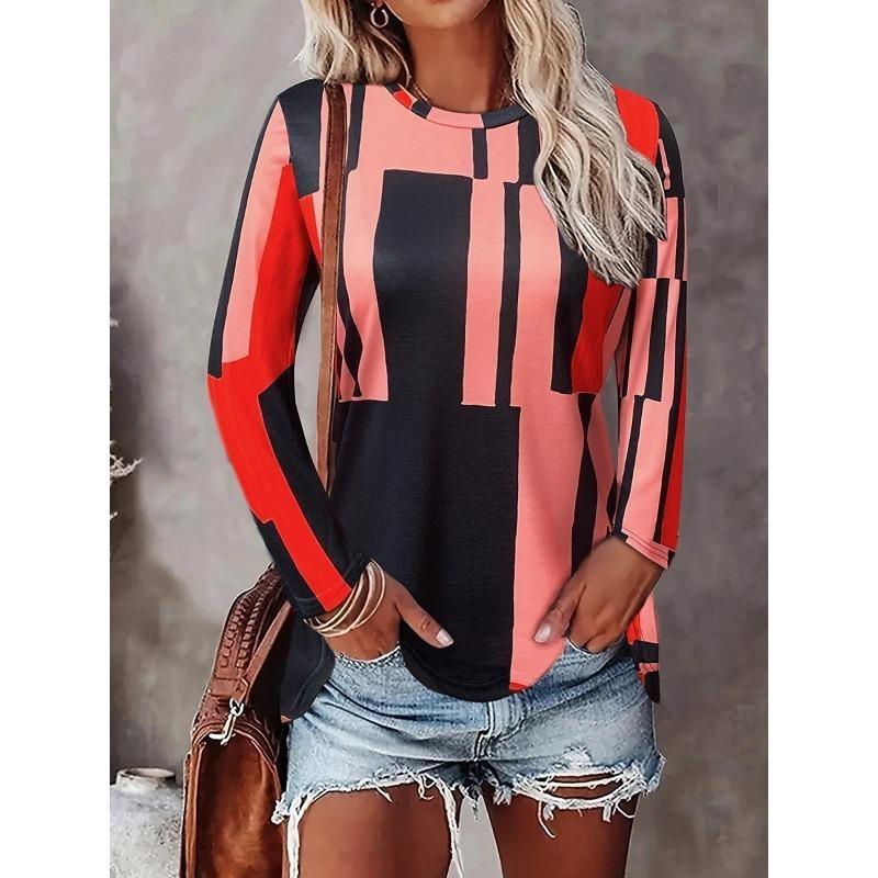 Leopard Striped Print Autumn Long Sleeves Women's T-shirts Fashion Casual Tops Daily Loose Crew Neck Women Clothing
