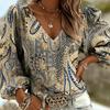 Printed Retro Western Style Shirt | V-neck Women's Vintage Floral Print Long-sleeved Top, Bohemian Style Lantern Sleeve Design