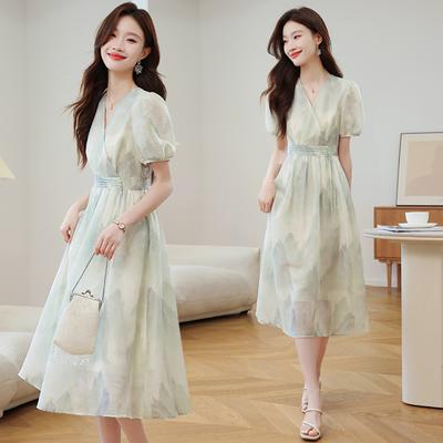 Fashion High Waist Summer Dress Floral Print Chinese Style Midi Short Sleeve