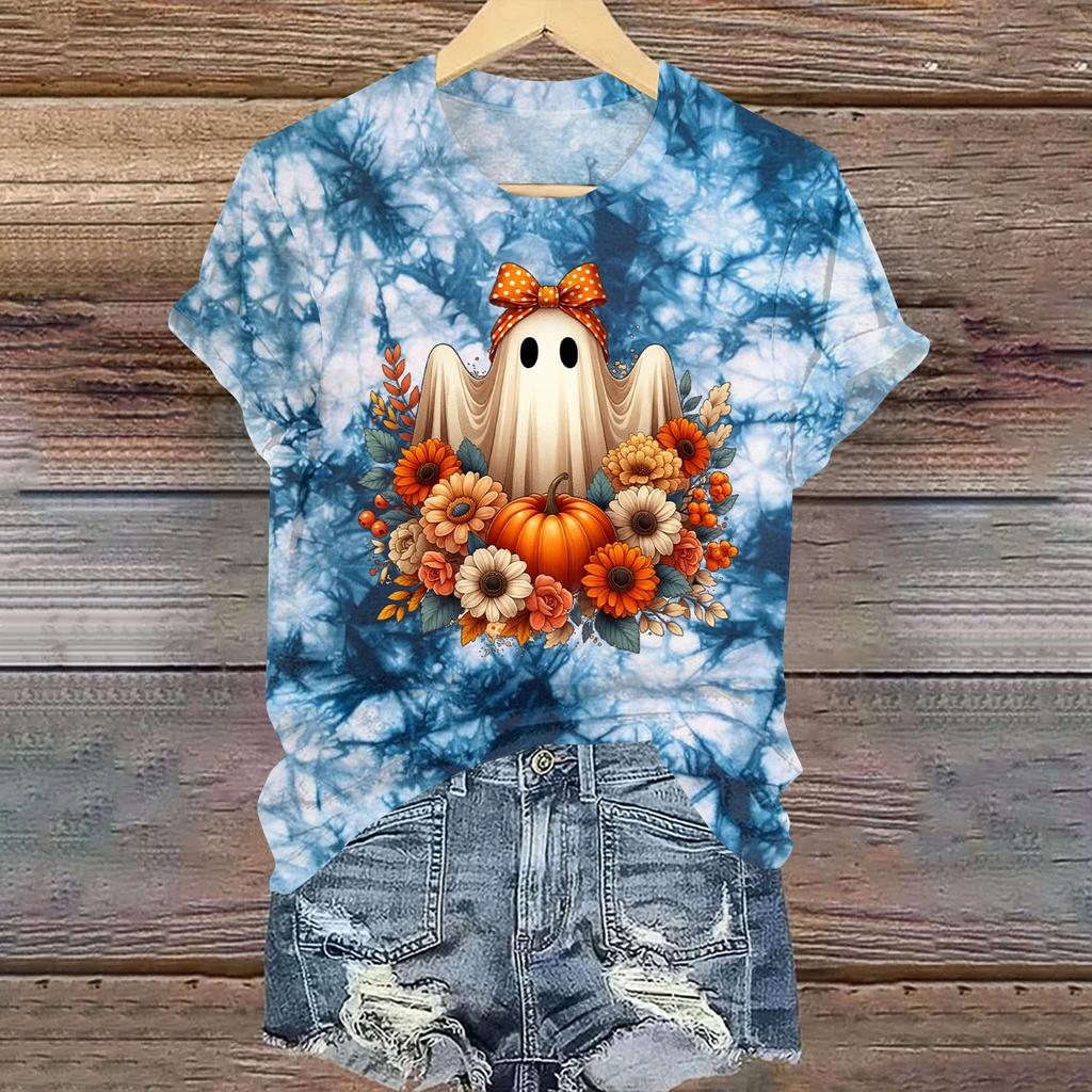 Ladies' Casual Halloween Printed Round Neck Short Sleeved T-Shirt