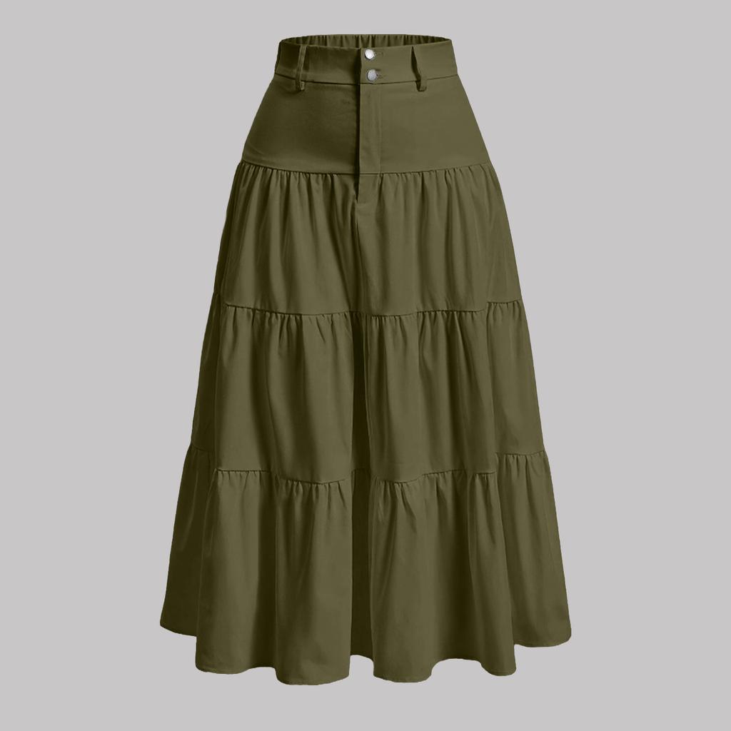 Damen Maxi-Rock mit hohem Bund und mehreren Lagen Knopfleiste Lässiger langer Rock mit Taschen Leichter weicher Stoff Bequeme Passform