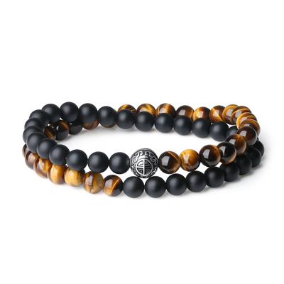COAI Tiger Eye and Matte Onyx Bracelet with Silver Lightning Power Good Luck for Men and Women Design, Double-Wrapped Stones, Charm,