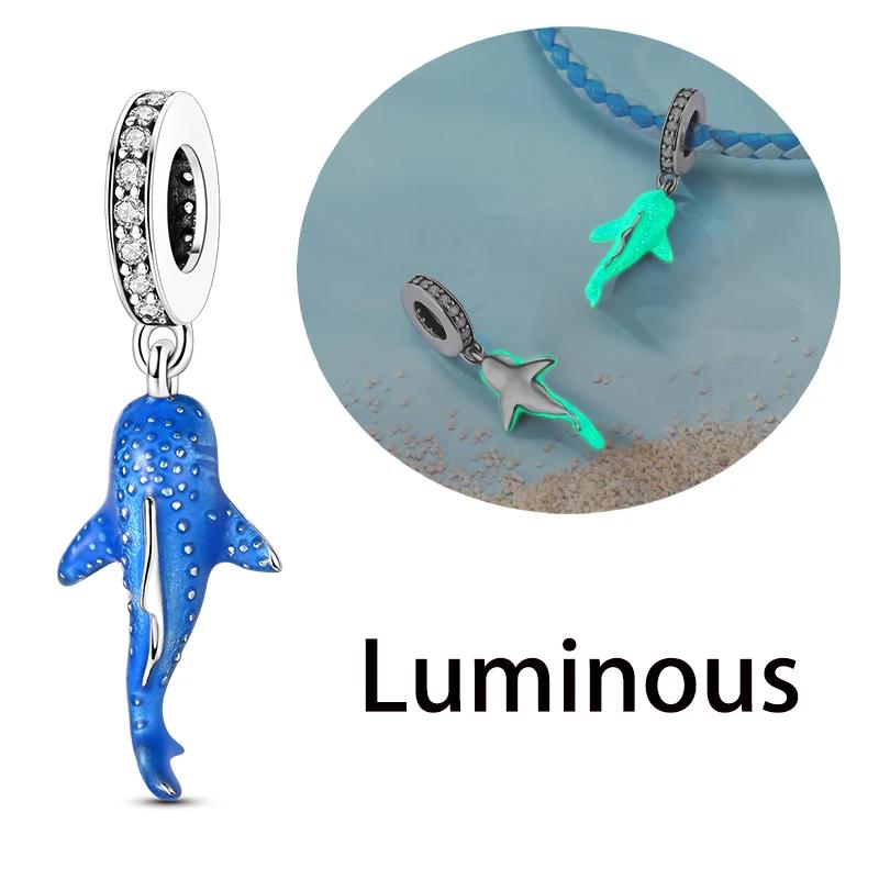 925 Silver Luminous Color-Changing Shark Dangle Charm Animals Pendant Fit Original Bracelet DIY Women Jewelry Gift