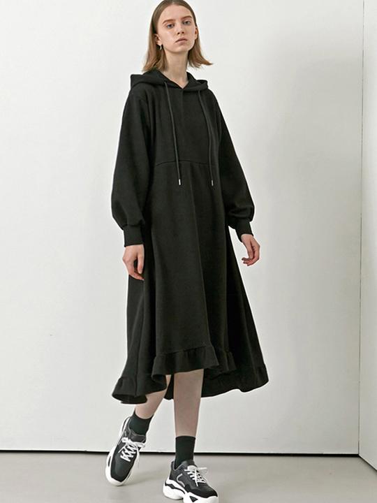Avang Hooded Frill Long Dress - Black (Fleece)