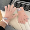 Bow knitted gloves women winter velvet warm cold students outdoor riding electric vehicle five fingers touch screen tide