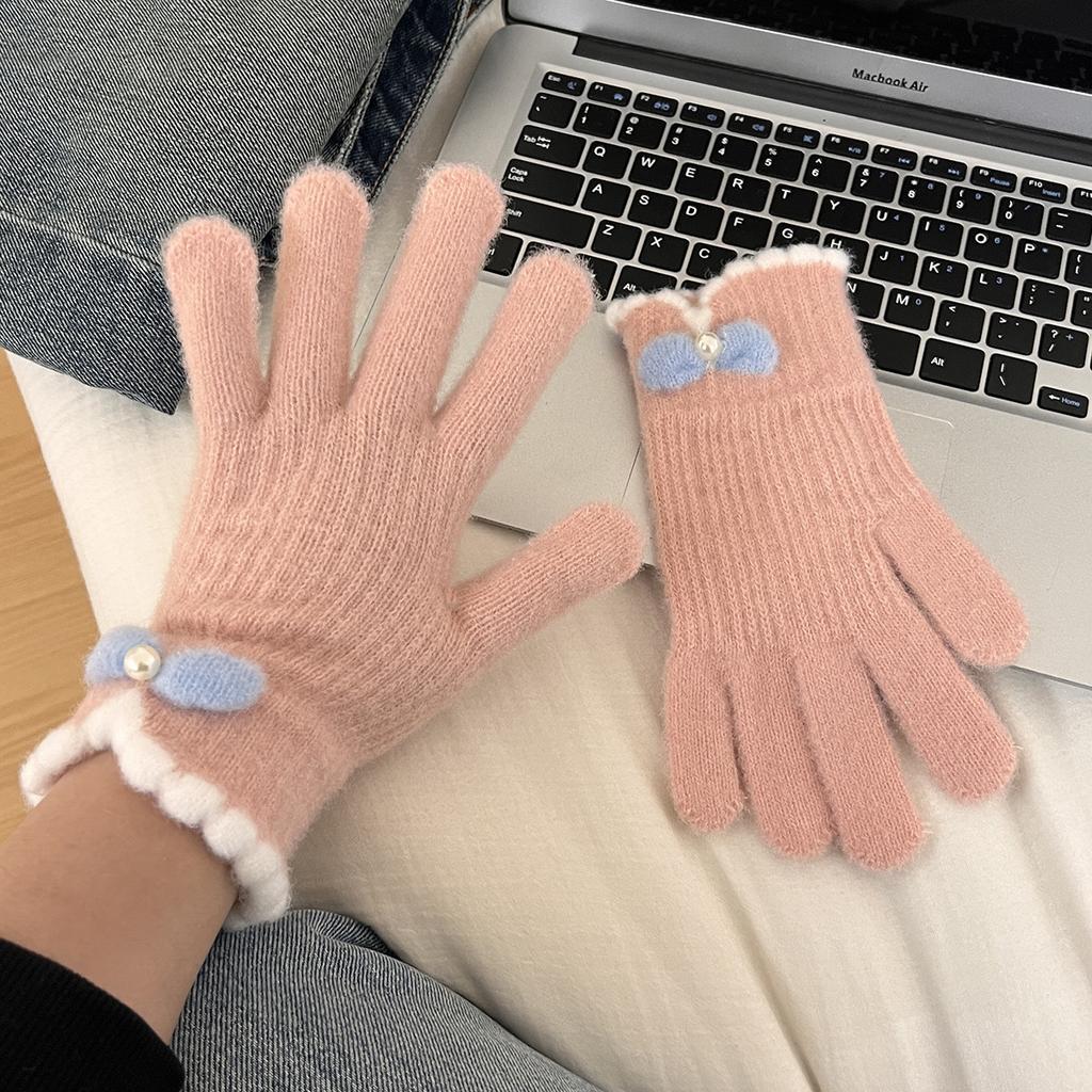Bow knitted gloves women winter velvet warm cold students outdoor riding electric vehicle five fingers touch screen tide