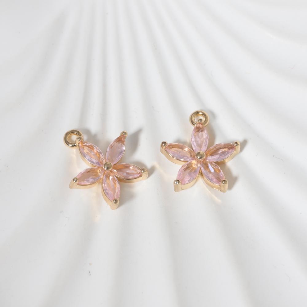 Pink Zirconia Flower Copper Charms, Golden Plated DIY Jewelry Pendants for Earring Necklace Craft