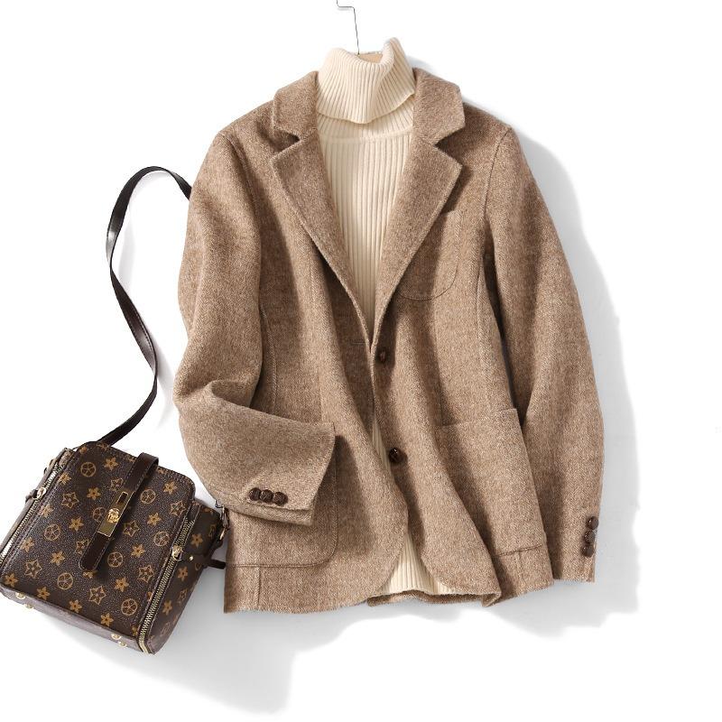 

Темпераментный ретро шерстяной блейзер женский осенне-зимний короткое пальто двустороннее шерстяное пальто новая женская одежда для XL темно-коричневого
