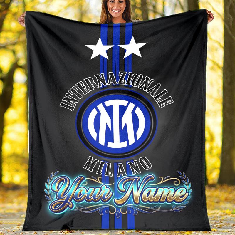 1pc Personalized Name Internazionale Milano Theme Blanket - Digital Print, Polyester, Cozy for All Seasons, Perfect for Outdoor, and Travel