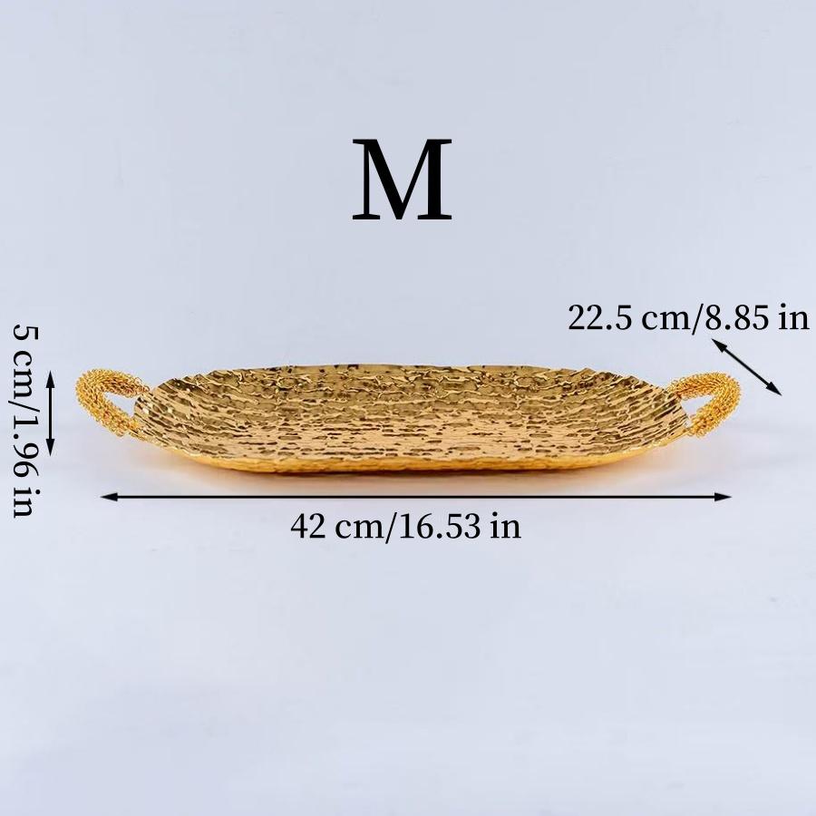 European Fruit Tray, Household Metal Bark Texture Shape Exquisite Handle Cake Plate,Gold Snack Plate Wedding Decoration,20inch