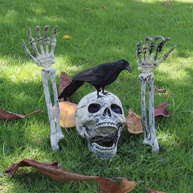 Realistic Skeleton Stakes with Crow and Red Eyes Zombie Hands and Skull Set for Graveyard Yard Lawn Garden Decoration