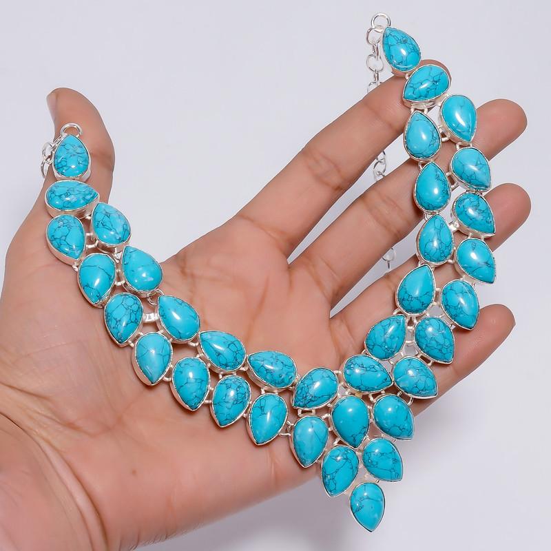 Dazzling Top Grade Qualite 100% Natural Tibetan Turquoise Pear Shape Ethnic Handmade Jewelry 925 Steling Silver Necklace 18" WSJ-4754