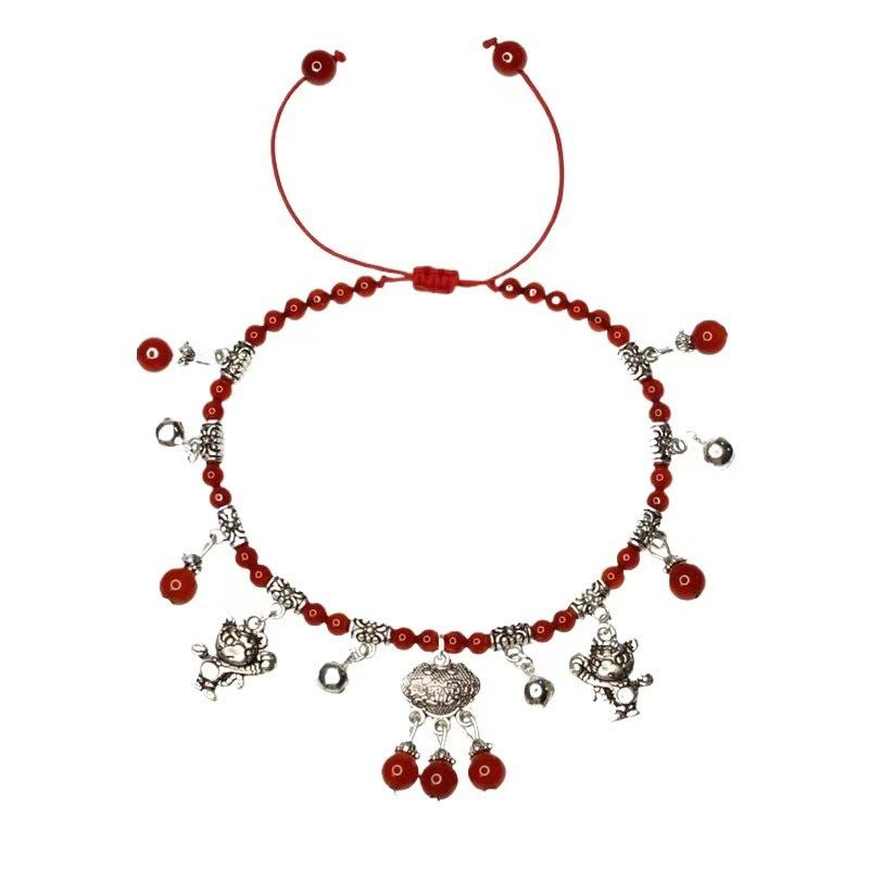 Imitation Agate Anklet Female Summer Bell Red Rope Twelve Zodiac Life Foot Chain Retro Ethnic Style Safety Lock