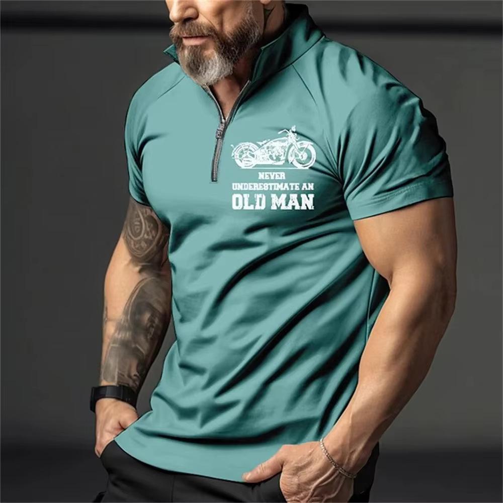 Retro Men's 3D Print Short Sleeve Polo with Zipper Lapel