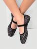 Women's Black Square Toe Ballet Mary Jane Flats with Cross Pattern Embroidery Detail and Black Buckle Strap