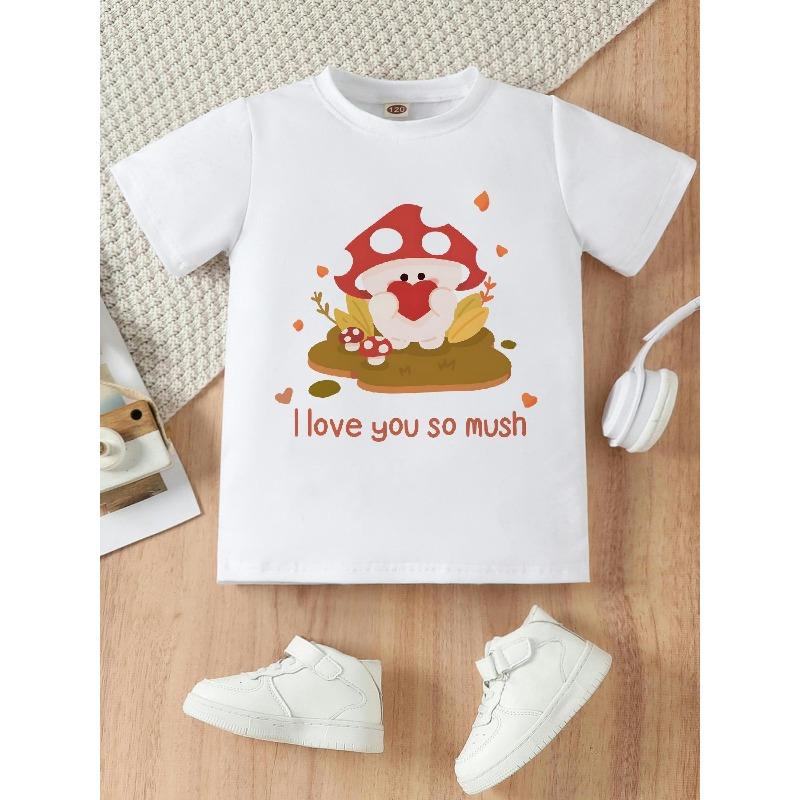 European sizes This Cute Cartoon Mushroom Print Crew Neck T-shirt with a Heart Shape Is Perfect for Summer 98cm белый