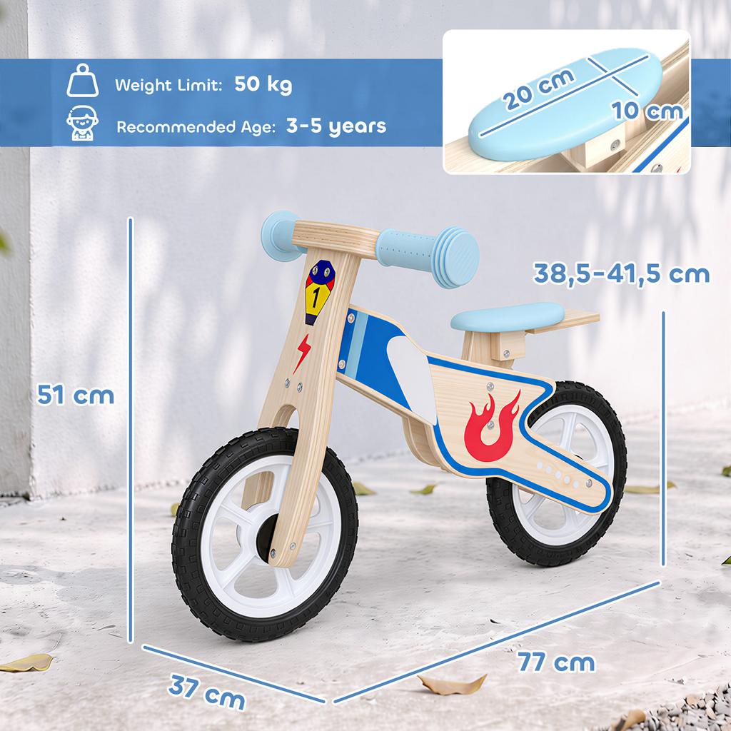 Children's Balance Bike, No Pedals, Adjustable PU Saddle, Ages 3-5, up to 50 kg, Natural Wood