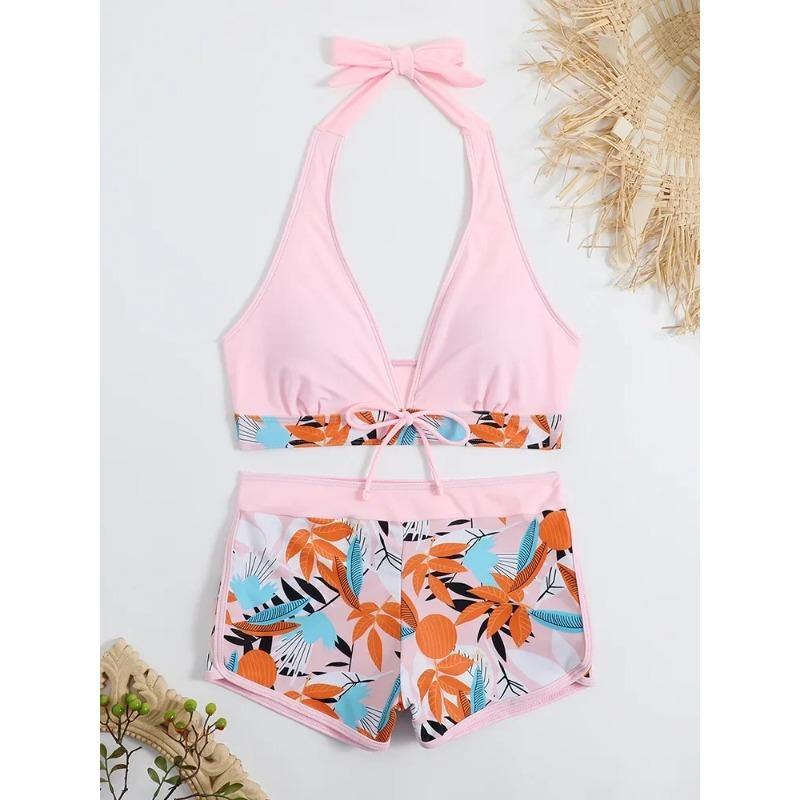 Fashion Printed Swimsuit Women Spliced Lace Up Sporty Surfing Bikini Set Bathing Suit Beachwear Swimwear Female Swimming Suits