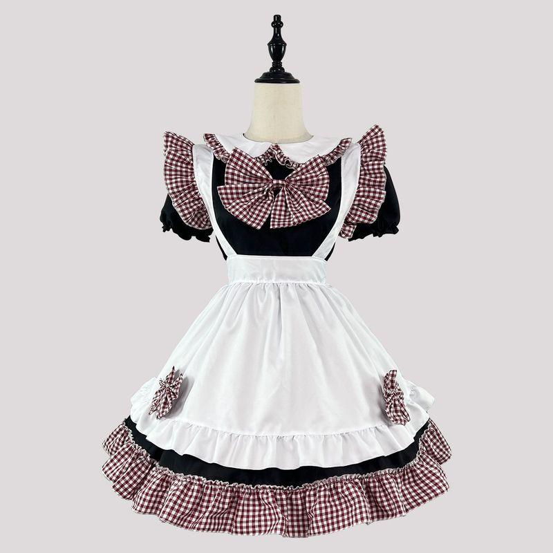Cosplay Japanese Anime New 4-Piece Maid Outfit Cute Princess Dress Black and White Checkered Bow Maid Style