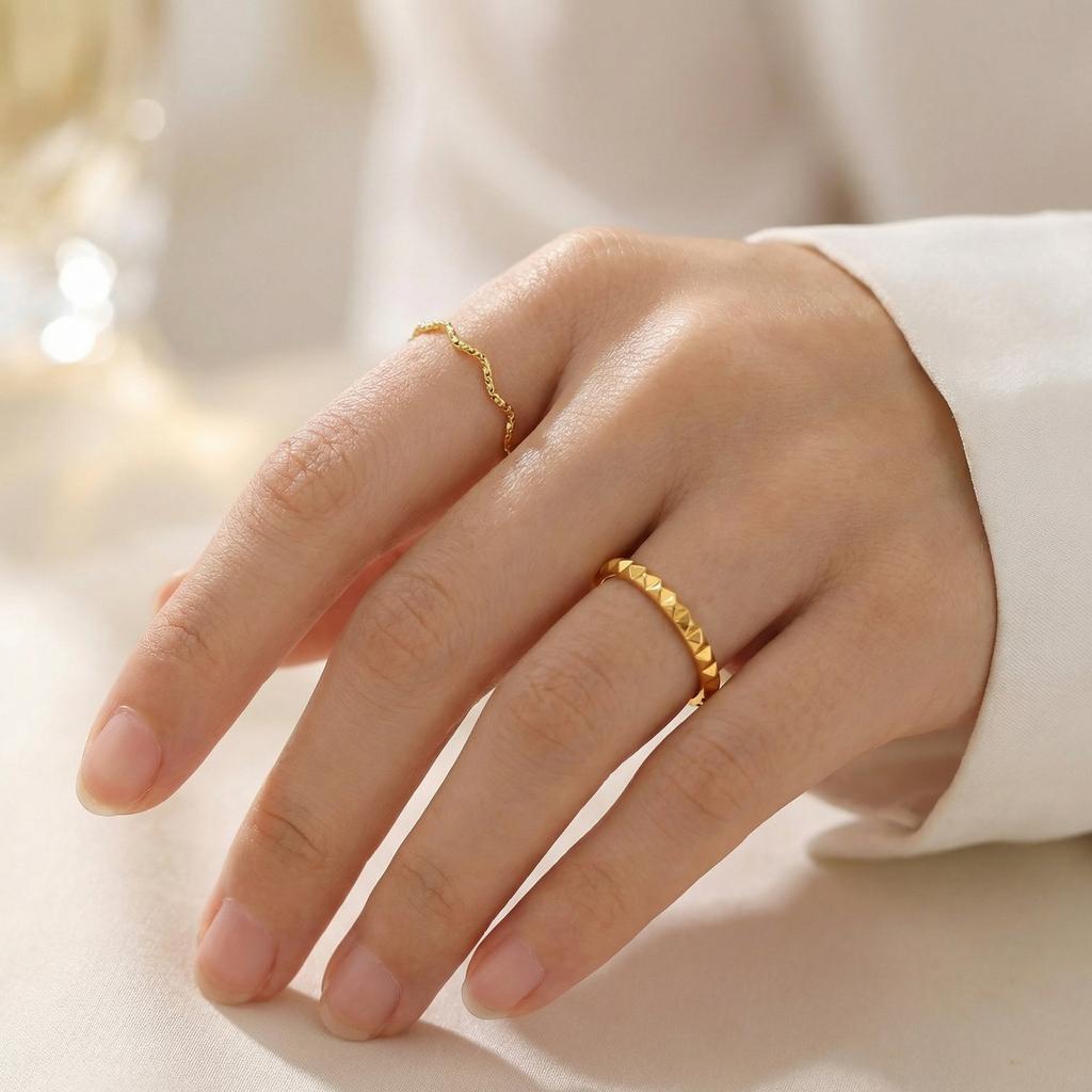Stackable Wave Ring Thin Band, Golden Color Stainless Steel Waterproof Daily Wear Anti Tarnish Party Jewelry for Women