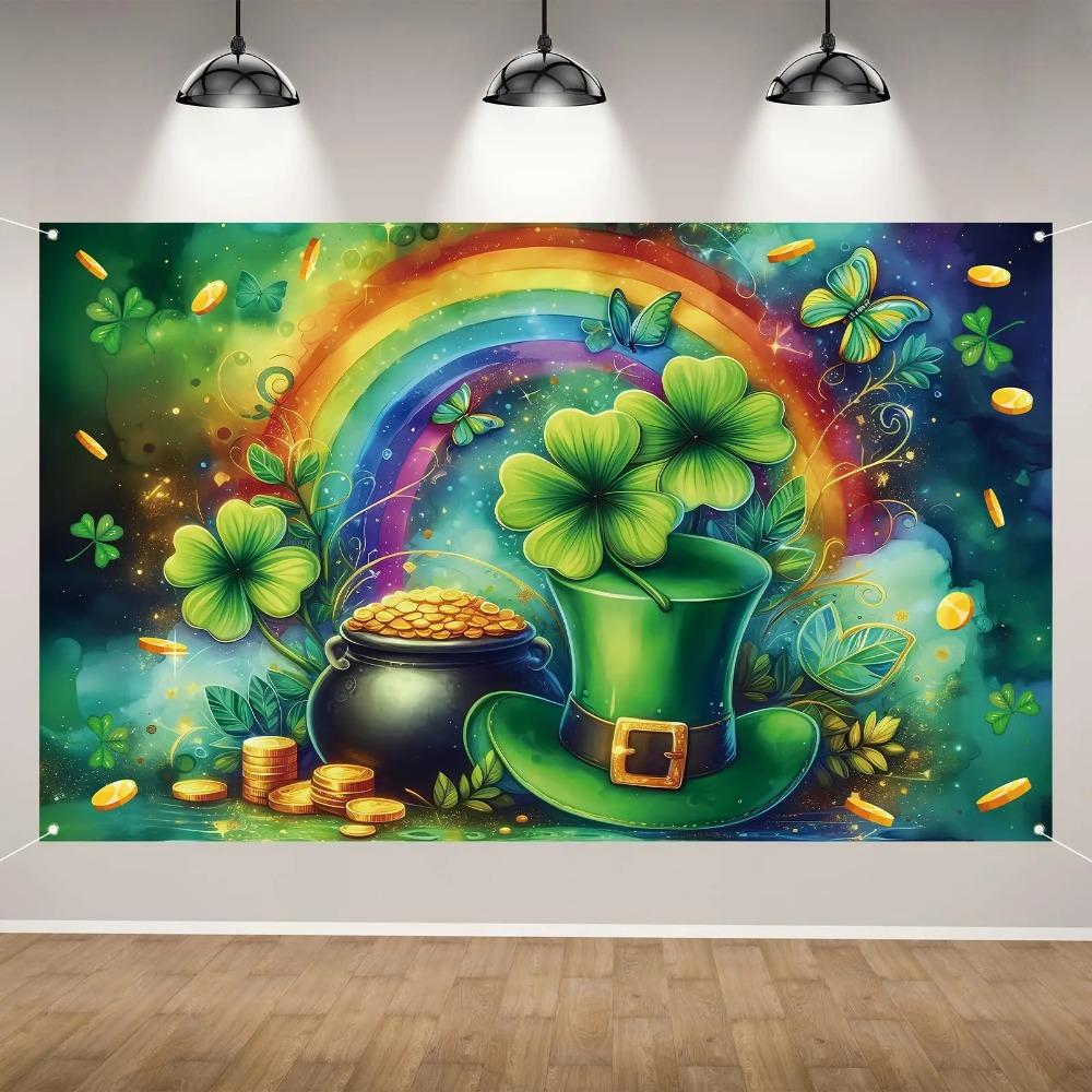 St. Patrick's Day Lucky Green Clover Photography Background, Rainbow Coins St. Patrick's Day Party Banner Photography Background11