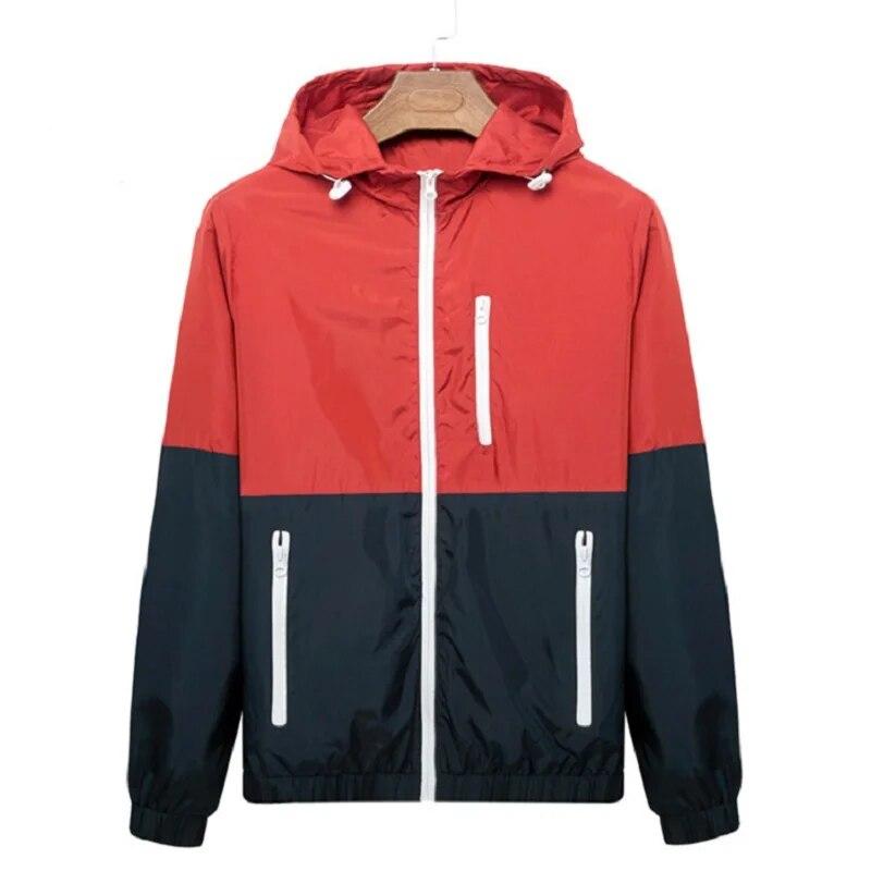 Mens Casual Spring Lightweight Jacket Hooded Clashing Zipper Jacket