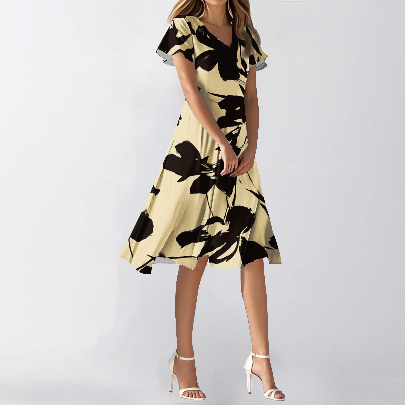 

Жіноча літня повсякденна модна сукня з квітковим принтом, V-подібним вирізом, короткими рукавами та короткою спідницею S бежевий