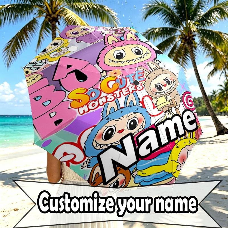 Custom Name Personalized Labubu Print Umbrella, Auto Open Close, 8‑Rib Sturdy Frame, Commute Camping Hiking Use, Birthday Gift