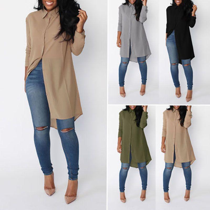 Elegante Camicia da Donna a Maniche Lunghe Casual Larga Top Magliette in Chiffon Blusa Vestito