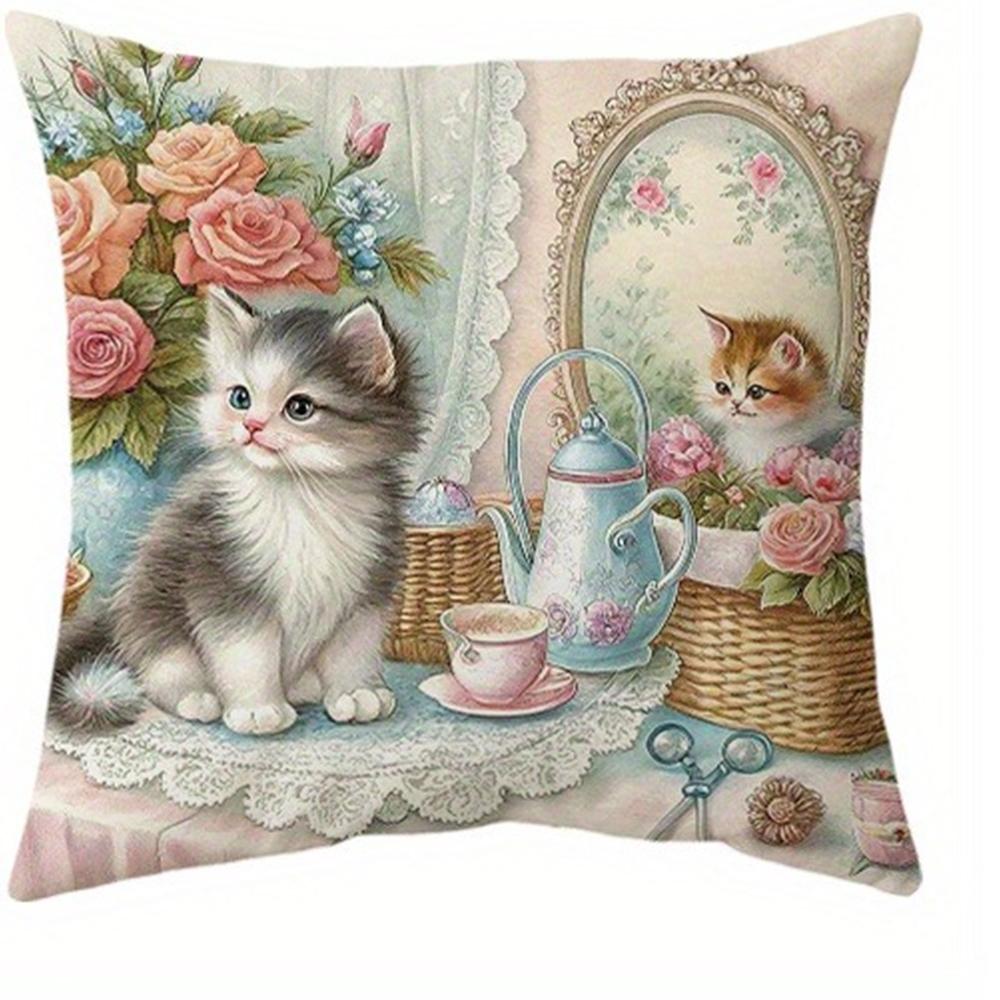 

Vintage - style Kitten Tea - time Pillow CoversLiving room sofa cushion cover, soft and comfortable, bedroom room decoration 16x16Inch