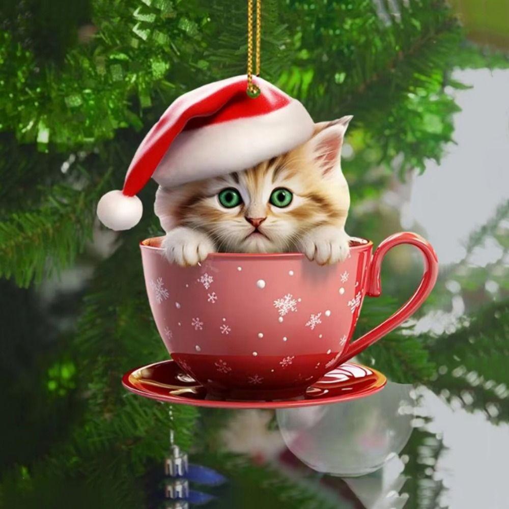 Cartoon Christmas Cup Cat Pendant Acrylic Cat Rearview Mirrors Pendant for Car Xmas Tree Bag