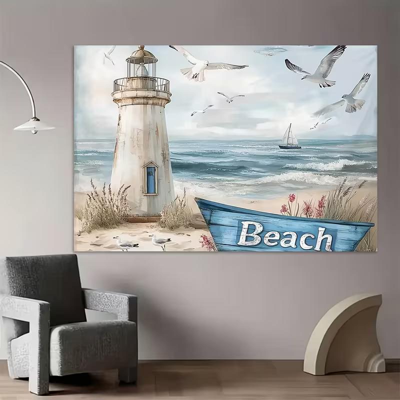 2D Flat Printing Rustic Lighthouse Beach Backdrop "Beach" Sign Nautical Background