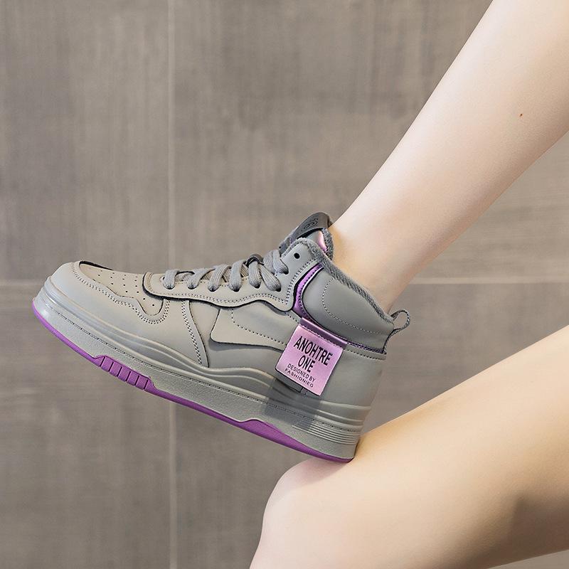 High-top Leather Women's Autumn and Winter New Versatile Velvet Platform Sneakers